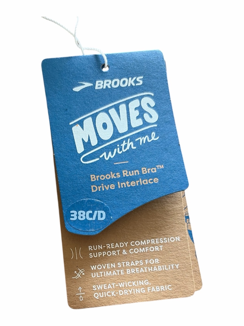 Brooks Blue and Tan 'Moves With Me' Run Bra Tag